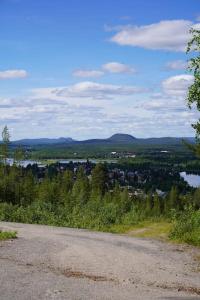 Granträsket的住宿－Family house in Swedish Lapland，一条享有市景和湖景的道路