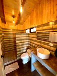 a wooden bathroom with a toilet and a sink at Cabaña Anturios in San José