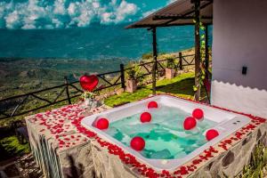 ein Whirlpool mit roten Bällen darin auf einem Tisch in der Unterkunft GLAMPING PUNTA CAÑON in Villanueva