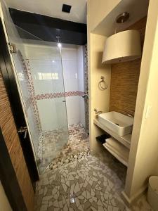 uma casa de banho com um chuveiro e um lavatório. em Isla cuba em Acapulco