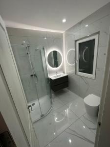 a bathroom with a shower and a toilet and a sink at ONE100 apartments in Marsaxlokk +4 photos
