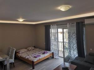 a bedroom with a bed and a sliding glass door at Petrovic house in Herceg-Novi