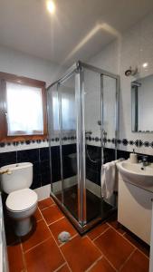 een badkamer met een douche, een toilet en een wastafel bij Aurea in La Losa