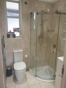 a bathroom with a toilet and a glass shower at 1 HENDON OLD one in Golders Green