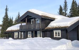a log cabin with a snow covered roof at Stunning Home In Svingvoll With Jacuzzi, Sauna And 4 Bedrooms in Svingvoll