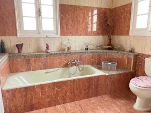 La salle de bains est pourvue d'une baignoire et de toilettes. dans l'établissement Coro Cozy House, à Potamós