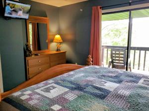 um quarto com uma cama, uma janela e uma televisão em Hillbilly Hilton em Pigeon Forge