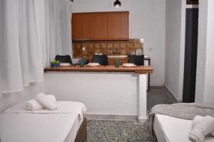 Habitación con 2 camas y encimera en la cocina en PELEKAN rooms and apartments ATHINA 23, en Pefkohori