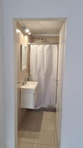 uma casa de banho com um lavatório e uma cortina de chuveiro branca em Francia Uno em Rosário