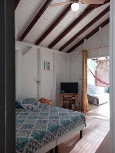 a bedroom with a bed and a flat screen tv at L'ESCALE TROPICALE in Bouillante
