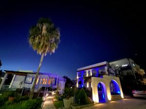 un palmier devant un bâtiment aux lumières bleues dans l'établissement SCALA APARTS & STUDIOS - Rhodes, à Afantou
