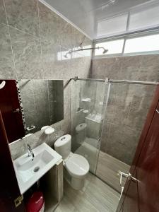 La salle de bains est pourvue de toilettes, d'un lavabo et d'une douche. dans l'établissement APARTAMENTOS SUPER PENTHOUSE con BALCÓN, à El Colegio