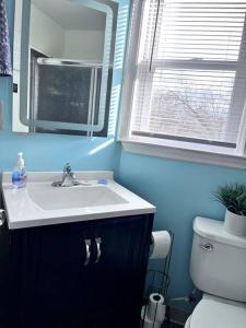a bathroom with a sink and a mirror and a toilet at 3 bedroom comfy RVA in Richmond