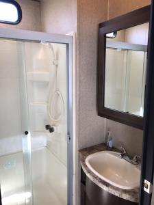 a bathroom with a sink and a shower with a mirror at Orchard Queen Motel & Rv Park in Middleton
