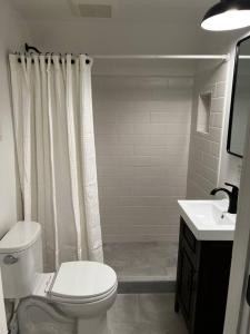 ein weißes Badezimmer mit Toilette und Waschbecken in der Unterkunft Blue Vieira Cottage in Fennville