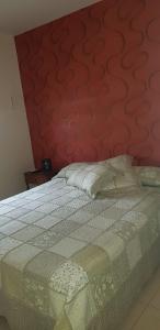 a bedroom with a bed with a red wall at Casa calida y acogedora, Capital Mendoza in La Cieneguita