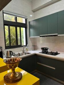 uma cozinha com armários verdes e uma tigela sobre uma mesa em 林莊園包棟別墅Skydoorzi Villa em Guoxing