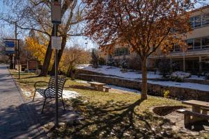 een park met banken en een boom voor een gebouw bij Casita Mariposa in Santa Fe