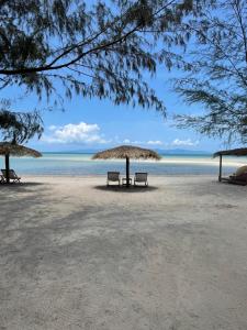 All At Sea Beach Resort في بان تاي: كرسيين ومظلة على شاطئ