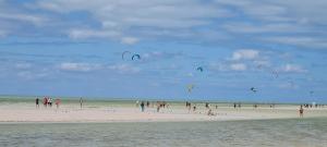 un grupo de personas en una playa volando cometas en Arte Sano Hotel - Adults only, en Isla Holbox