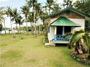 uma pequena casa com um alpendre azul e palmeiras em Zhang Resort and Dive Center OPC em Malapascua Island