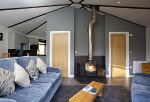 MorenishLOCH TAY HIGHLAND LODGES and GLAMPING PARK的带蓝色沙发和壁炉的客厅