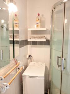 a small bathroom with a toilet and a glass shower at Les Boramars 4 23 climatisé wifi 300m plage in Argelès-sur-Mer