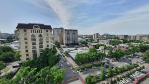 an aerial view of a city with a tall building at Stylish apartment in the city center in Bishkek