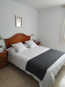 1 dormitorio con 1 cama grande con manta blanca y negra en CAL JAN - SOLANA en Bellver de Cerdanya 