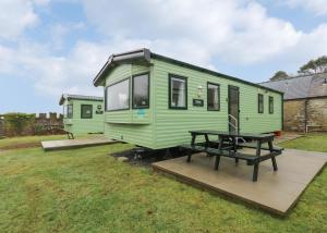 a green tiny house with a picnic table at Awesome Home In Clynderwen With in Clynderwen