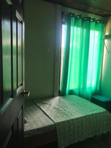 1 dormitorio con 1 cama con cortinas verdes y ventana en Casa en Atenas, entorno tranquilo, en Atenas