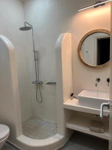 a bathroom with a shower and a sink and a mirror at Aelia Studios in Aegiali