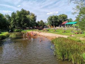 grupa ludzi pływających w rzece w obiekcie Nad Stawami w mieście Narewka