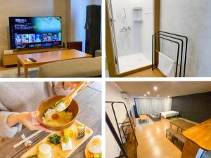 Apartment Goto アパートメント五島 في غوتو: مجموعة من الصور مع شخص يطبخ الطعام في غرفة