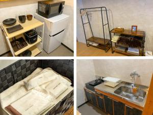 cztery zdjęcia kuchni z kuchenką mikrofalową i zlewem w obiekcie Apartment Goto アパートメント五島 w Gotō
