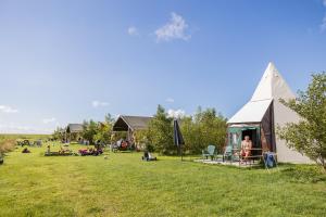 a tent in a field with people sitting in the grass at Boerderij Halfweg in West-Terschelling