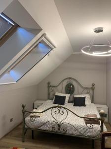 a bedroom with a bed with a skylight at Dom na Mazurach in Stare Juchy