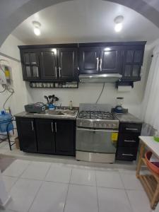 cocina con armarios negros y estufa de acero inoxidable en Casa amueblada a unos minutos del aeropuerto, en Veracruz