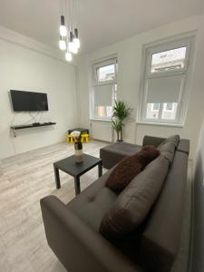 uma sala de estar com um sofá e uma televisão de ecrã plano em Marcus- Modern Relaxing apartment em Děčín