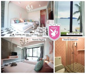 a collage of three pictures of a bedroom at De Sea Almond in Chumphon