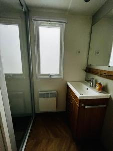 a small bathroom with a sink and two windows at Chalet Lieblingsplatz in Lauwersoog