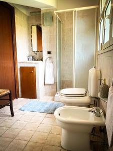een badkamer met een toilet, een douche en een wastafel bij Etna Green in Ragalna