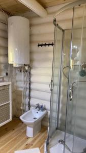 een badkamer met een wastafel en een douche bij Tisza-Parti Rönkház Tokaj in Rakamaz