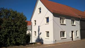 a white house with a red roof at Wohnung Nähe Uni Ilmenau und Autobahn A71 in Ilmenau