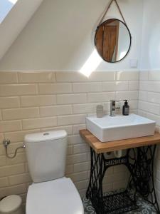 a bathroom with a white toilet and a sink at Csendár Cottage Balaton in Hegymagas +22 photos