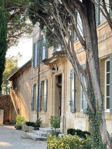 un edificio con un árbol delante de él en La Pavoyère en Mormoiron