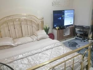 シャルジャにあるserene luxury master bedroomのベッドルーム(ベッド1台、薄型テレビ付)