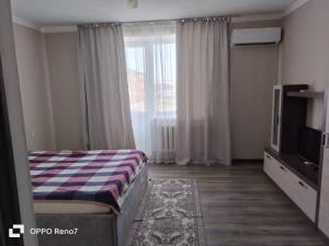 a hotel room with a bed and a television at Гостевой Дом in Qyzylorda