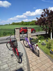 Dos bicicletas están estacionadas junto a una valla. en Apartament nad Nidą, en Sobków