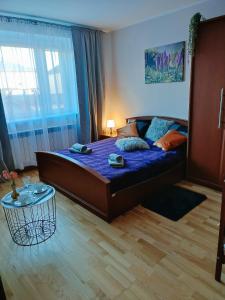 1 dormitorio con 1 cama grande y 1 mesa en Apartament nad Nidą, en Sobków